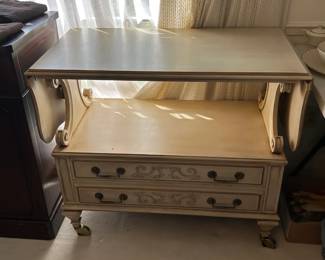 #104	Kargas Pickled Drop Side Server w/2 drawers - 36-60x20x32 on brass casters	 $175.00 			