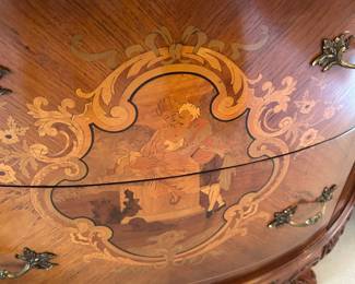 #129	French Marquetry Inlaid Barble Top Demilune Commodes - w/3 drawers rounded - 42x20x32 - 	 $500.00 			