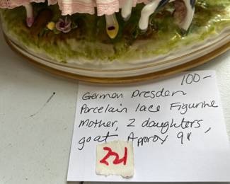 #221	German Dresden Porcelain lace figurine mother 2 daughters and goat 9 inch	 $100.00 			