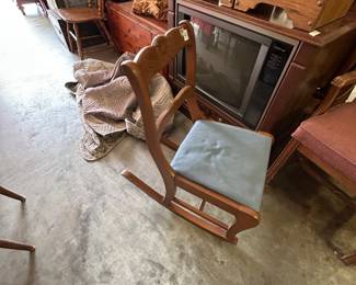#76	Wood Flower Carved Back  Rocker w/blue Fabric Seat	 $35.00 			