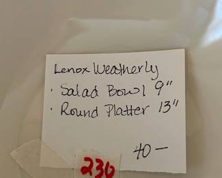 #230	Lenox weatherly salad bowl 9" and round platter 13 inch	 $40.00 			