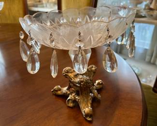 #248	Vintage Crystal Compote Bowl Cherubs Crystal Prisms on Brass Stand 10"x10" Approx	 $50.00 			