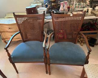#166	pair of can back blue seat arm chairs 	 $80.00 			