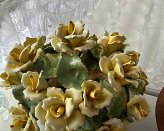 #243	Large Capodimonte Italy Porcelain Yellow Roses in Basket 11" Tall 11.5' W	 $50.00 			