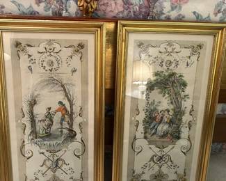 #163	pair of winter and autumn prints in gold frames 14x30	 $40.00 			