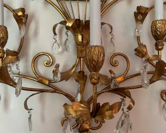 #191	gold 6 light wall hanging lamp with prisms 52x32	 $225.00 			