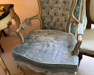 #199	blue button back balloon back arm Parler chair 	 $85.00 			