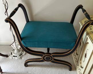 #195	black/gold arm stool with blue seat 	 $120.00 			