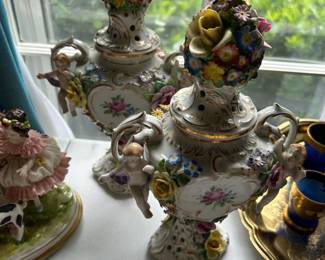 #220	Pair of DresdonSitzenorf flower cherub Reticulated fiddle Drns potpourri jars 10 inch	 $125.00 			