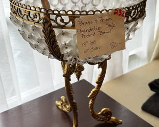 #232	Brass and prism chandelier style footed bowl 13 in tall 10in around	 $80.00 			