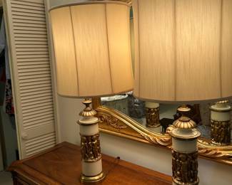#154	pair of stifle cream and gold angel lamps 35 tall 	 $120.00 			