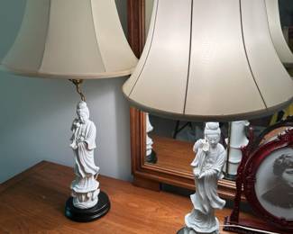#183	pair of Asian lady porcini lamps with shades 29 tall	 $80.00 			