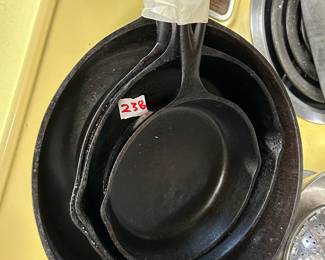 #238	4 iron skillets chicken fryer, 3 in,5 in	 $55.00 			
