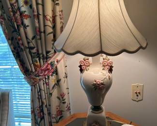 #181	33 inch tall lamp with flowers pink ceramic 	 $75.00 			