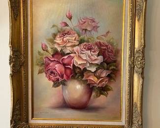 #102	Original Acrylic by D. Montgomery of Roses in Gold Frame - 25x31 	 $125.00 			
