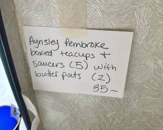 #217	Aynsley Pembroke boxed tea cups and saucers 5 with butter pats (2)	 $35.00 			