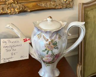 #226	Vtg Prussia hand painted tea pot as is chip	 $40.00 			
