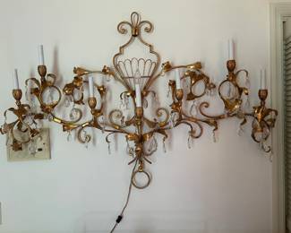 #191	gold 6 light wall hanging lamp with prisms 52x32	 $225.00 			