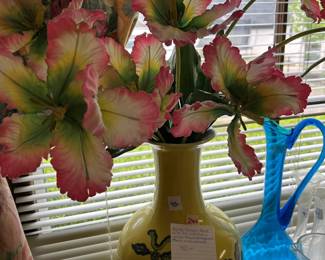 #244	Asian yellow & Blue Vase 16.75T with Pink and Yellow Flower Arrangement Mark on the Bottom 	 $40.00 			