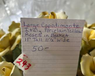 #243	Large Capodimonte Italy Porcelain Yellow Roses in Basket 11" Tall 11.5' W	 $50.00 			