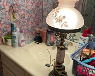 #173	painted globe lamp 23 tall Lavender 	 $75.00 			
