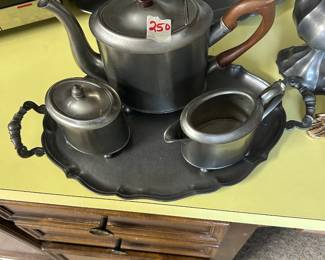 #250	Steiff Pewter Historic Approved - Newport - Teapot, Sugar and Creamer on tray	 $35.00 			