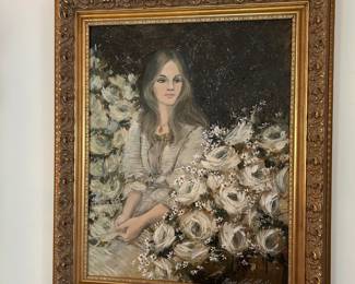 #133	Original Acrylic of Girl w/white roses signed in Heavy Gold Frame - 30x35	 $175.00 			