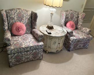 #159	chair rose fabric wing back sold by the pair 	 $65.00 			