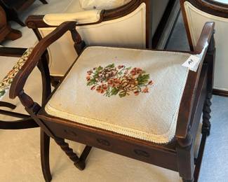 #128	Wood Stool w/ needlepoint Top flip-up for storage- 20x15x24	 $100.00 			