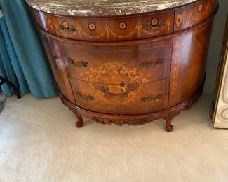 #129	French Marquetry Inlaid Barble Top Demilune Commodes - w/3 drawers rounded - 42x20x32 - 	 $500.00 			