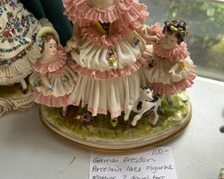 #221	German Dresden Porcelain lace figurine mother 2 daughters and goat 9 inch	 $100.00 			