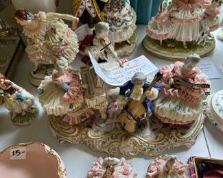 #222	Large German lace musical scene w 4 figures 14x8x9 vintage Dresden porcelah	 $100.00 			