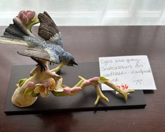 #236	Cybis blue gray gnatcatchers on wood base hand painted  retired	 $75.00 			