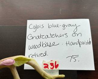 #236	Cybis blue gray gnatcatchers on wood base hand painted  retired	 $75.00 			