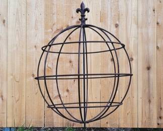 Beautiful Unique Vintage Wrought Iron Globe Garden Sculpture w Fleur De Lis Accent