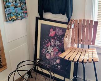 Globe, MCM bar stool, vintage men's jackets, Hawaii Route 66 Shirt