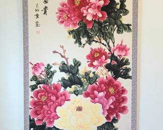 Beautiful Vintage Oriental Floral Ink on Linen and Silk Banner/Scroll 30" X 72"