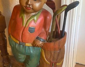 Vintage Wooden Golfer with Golf Bags & Clubs