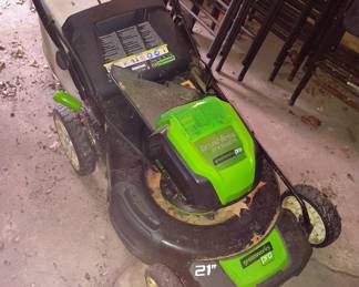 21" Greenworks mower with charger and extra batteries, Greenworks trimmer available with 1 battery. 