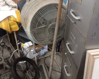 vintage floor fan, file cabinet