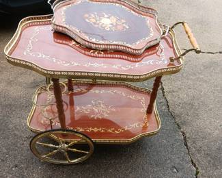 Italian inlaid bar cart and matching tray