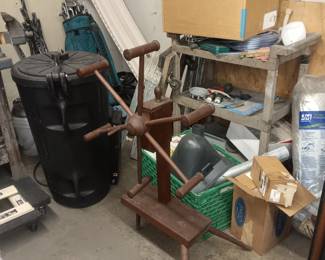 antique yarn winder, lawnmower grass catcher 