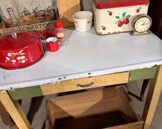 Antique Enamel Table with Silverware Drawer. Vintage Kitchen