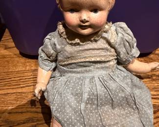 Vintage Early Composition Effanbee Baby Dainty Doll, Stamped on Back, Wearing Vintage Dress