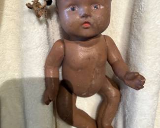 Vintage 1930's American "Topsy" Character Doll, Ringlet Remains of Original Yarn Pigtails Tufts, Depression Era Hand Painted Face. Composition Baby Doll