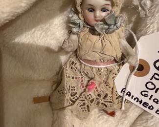 Antique German Bisque Pocket Doll, Original Layered Clothes, Glass Eyes, Painted Burnt Orange Shoes. 4.5"