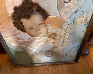 Antique 19th Century Early 20th Century(1890's-1920's) Mourning Baby Portrait, Real Hair, Satin Blanket, Face is Paper.
