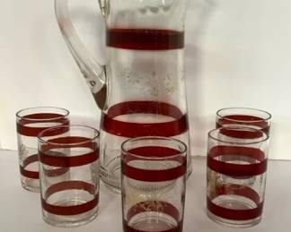 Vintage MidCentury Modern Glass Pitcher With Five Glasses