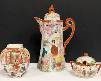 Vintage Porcelain Hand Painted Teapot Set With Japanese Design