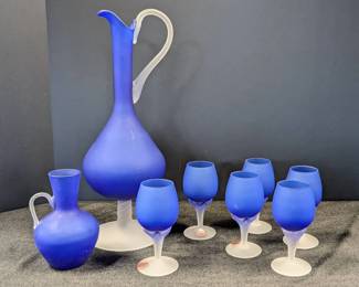 Vintage Italian Empoli Glass Ewer Pitcher, Small Carafe,  Six Glasses